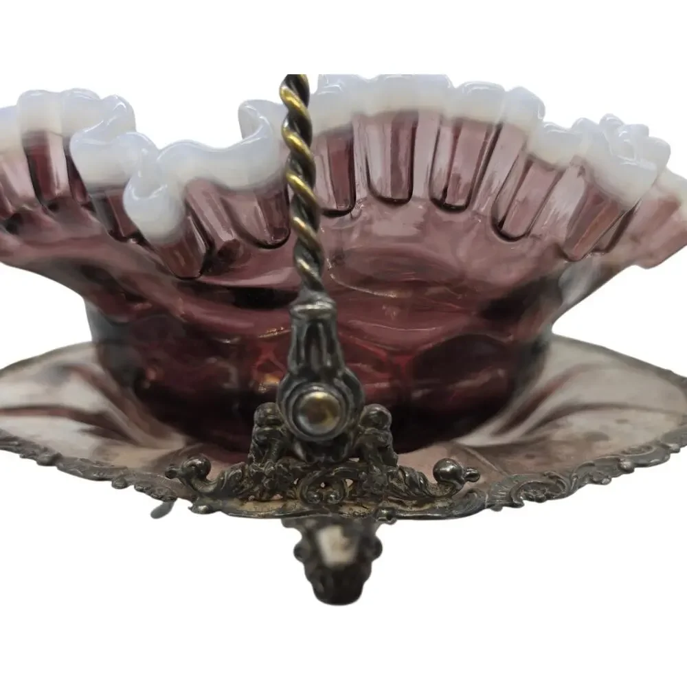 Antique Silver-Plated Brides Basket W/ Ruffled Cranberry And White Glass Bowl